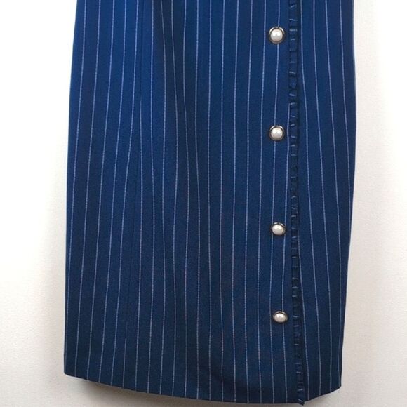 Karl Lagerfeld Paris Navy Pinstripe Sheath Dress  Gold Pearl Buttons Old Money - Picture 5 of 9